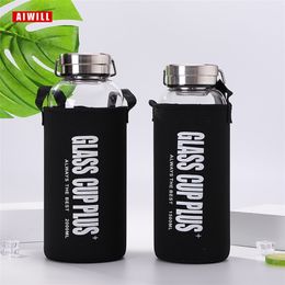 AIWILL Glass water bottle 2000ml/ 1500ml/1000ml/600ml outdoor Transparent portable large-capacity glass bottles gift with bag 220217
