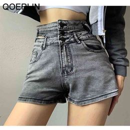 Vintage High Waist Slim Denim Shorts Women Fashion Double-waist Sexy Side Hollow Out Zipper Fly Mini Jeans Plus Size 210601