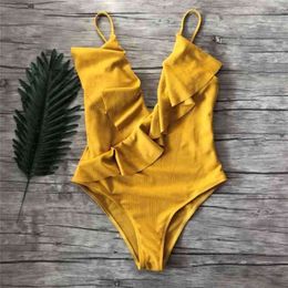 Sexy Swimsuit Women Swimwear Push Up Monokini Ruffle Bathing Suit High Waist Beach Wear Yellow Fused Female 210702