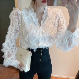 Women tops White Shirts blusas V-neck Long Sleeve Lace Hollow out Lace top camisas mujer Blouses Shirts kimono Lace Flowers 560H 210315