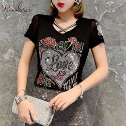 Summer Fashion Korean Clothes T-shirt Sexy Hollow Out Diamonds Letter Rose Women Tops Ropa Mujer Patchwork Mesh Tees T06633 210306