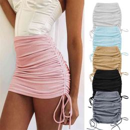 Fashion Sexy Knitted Thread Pocket Hip Skirt Slim Side Drawstring Elastic Pleated Adjustable Summer Women's Clothing 210629