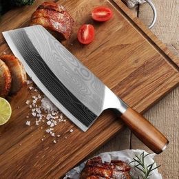 Mutfak Şam Lazer Desen Çin Şef Paslanmaz Çelik Kasap Et Doğrama Balta Bıçak Sebze Kesici