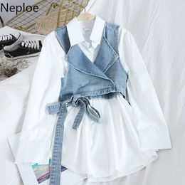 Neploe Women Blouse Fashion Korean Casual Loose Long Sleeve Turn Down Collar Solid Shirt +Jeans Vest Office Lady Spring 1A158 210315