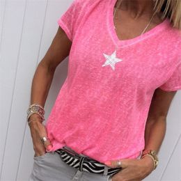 V-neck Short Sleeve Casual Pentagram Print T Shirt Women Summer Plus Size 5xl Tops Tshirt T-shirt Tee Shirt Femme S-5XL 210310