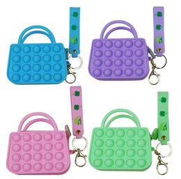 Press Bubble Poppers Mini Handbag Keychains Children's Small Silicone Rainbow Totes Decompression Finger Bubble Change Bag Pockets Purse Fidget Gifts