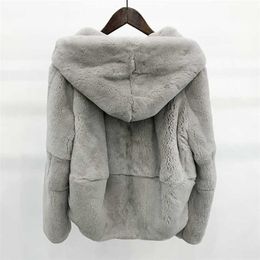 whole skin natural real Rex fur coat clothing women's winter hooded short jacket long-sleeved outerwear coat large size 211018