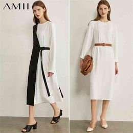 Minimalism Spring Autumn 2Pcs Set Dress Causal Oneck Aline Loose Bandage Calf-length Female Chiffon 12040464 210527