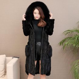 Women's Fur & Faux Real Piece Mink Coat With Collar Hood Genuine Ladies' Natural Jacket Outwera Long