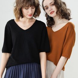 Women's Cashmere V Neck Short Sleeve Knitted Pullover Tee Base T Loose Wool Cashmere Sweater Plus Size Women Jumper 210306