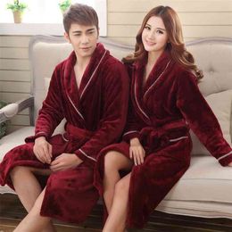 Winter Thick Warm Female Coral Fleece Kimono Robe Lovers Couple Nightgown Bath Gown Sleepwear Men Large Nightwear M L XL XXL 3XL 210831