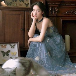 Haze blue Net yarn Dress embroidery temperament thin cool cute long suspender dress summer fairy Thin skirt 210526