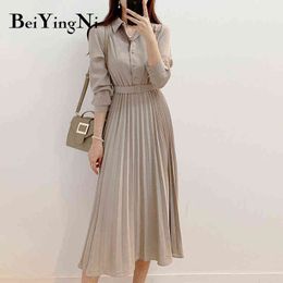 Beiyingni Women's Long Sleeve Midi Pleated Dress Buttons Belt Vintage CHIC Elegant Office Ladies OL Dress High Waist Vestidos Y1204