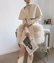 Womens Big Cape Mid-Long Wool Cashmere Blend Coat With Natural Fox Fur Pocket Fall Winter est Loose Fur Vest