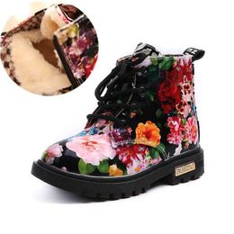 Children Shoes Girls Boots Autumn Winter Fashion Printed Flower Shoes Lace-up Martin Short Ankle Warm Boots 210713