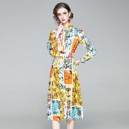 Autumn Fashion Runway Floral Printed Shirt Dress Women Elegant Vintage Long Sleeve Belted Holiday Midi Dresses Vestidos 210525