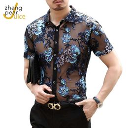 Men's Casual Shirts Sexy Men Mesh Shirt Transparent Tops Party Nightclub Fashion Embroidery Lace Black Sheer