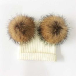 Baby Hat Natural Raccoon Fur Baby Cap Two Pompom Kids Caps Winter Children's Hats With Pompom 211023