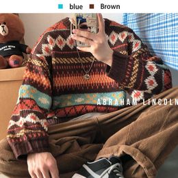 Thicken Sweater Men's Winter Spring Needle Knitted National Wind Round Neck Pullover Geometric Pattern Loose Big Cuff Tops Men 211014