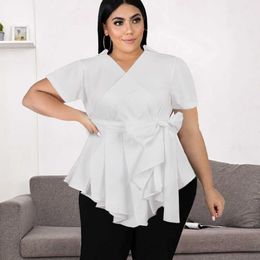 White Blouse V Neck Short Sleeve Tops Office Ladies Summer Fashion Pleated Woman Shirts Plus Size with Waist Belt Drop 210527