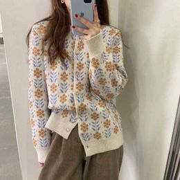 Retro Double-layer Thick Jacquard Women's Knitted Sweater Cardigan Multicolor Round Neck Sweater Jacket 210709