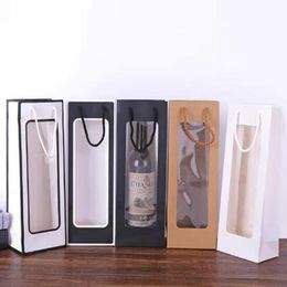 Rectangle Kraft Gift Wrap Bag with Window Bottle of White and Red Wine Holder for Party Wedding Decorations