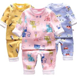 girl autumn and winter pajamas suit boy home cartoon cute bear thick warm clothes Baby clothing 210309