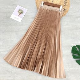 Spring Women Midi Skirts Metallic Colour Shiny Pleated Skirt Solid Colour Silver Gold Long Skirt Satin Femme Jupe Office Lady 210309