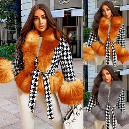 Women Faux Fur Ladies Houndstooth Short Stitching Wool Collar Coat Winter Padded Thicken Slimming Fit Lace-up Outerwear Coats Top With Cotton Liner