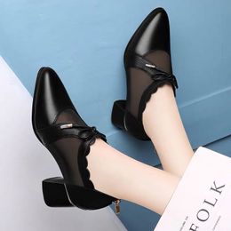 Womens Med Heels Bare boots Summer Fashion Pointed Toe Pumps Mesh Dress Shoes Boot Sandals Black Ladies Shoes Botas mujer 8326N