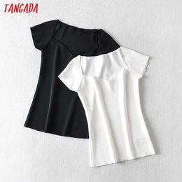 Tangada Women Solid Square Collar Knit T Shirt Short Sleeve O Neck Tees Ladies Casual Tee Shirt Street Wear Top AI75 210609