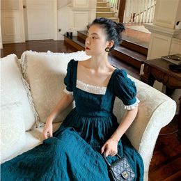 French Retro Long Fairy Dress Women Blue Square Collar Female Puff Sleeve Elegant Dress Spring Ladies Wedding Party Clothes 210309