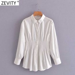 Zevity Women Fashion Solid Color Waist Elastic Pleat Casual Slim Smock Blouse Office Lady Business Shirt Chic Blusas Tops LS9256 210603