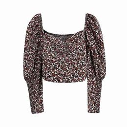 Vintage Women Floral Print Shirts Fashion Ladies Chiffon V-Neck Tops Streetwear Female Chic Puff Sleeve Blouses 210527