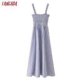 Tangada Women Blue Striped Long Dress Strap Sleeveless Summer Fashion Lady Beach Sundress 5X29 210609