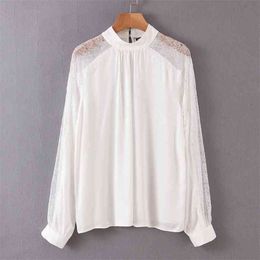 Chic Lace Spliced Blouse Women Fashion Casual Loose O Neck Tops Elegant Ladies Long Sleeve Shirts 210531