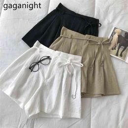 Short Pants Summer Cotton Linen Women Shorts Female Sashes Wide Leg Casual Plus Size High Wasit S-L 210601