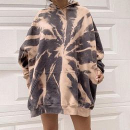 Autumn Tie-dye Dropped Shoulder Hoodies Women Pocket Oversize Casual Long Hoodie Female New Streetwear Ladies Hoode Tops 201112