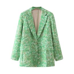 fashion girl floral print blazer office ladies pocket jackets casual female full sleeve suits green women chic sets 210527