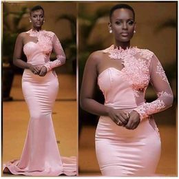 Candy Pink Sexy Illusion African Mermaid Evening Dresses Formal One Long Sleeve Appliques Lace Pageant Dress Prom Party Gowns Sweep Train 2021