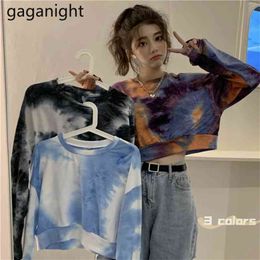 Harajuku Tie Dye Crop Hoodies Long Sleeve Fashion Girls Sweatershirt Chic Cool Short Pullover Spring Autumn Hoody 210601