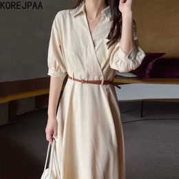 Korejpaa Women Dress Korean Fashion Chic Simple French Lapel Cross High Waist Slim Solid Bubble Sleeves with Belted Dress 210526
