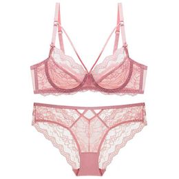 Briefs Panties Women Sexy Ultra Thin 3/4 Cup Bra Set Transparent Lace Floral Embroidery Underwear Pluse size Bra Brief Sets L2304