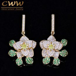 Gold Colour Green Cubic Zirconia Stones Luxury Micro Pave Flower Dangle Drop Earrings Fashion Brand Prom Jewellery CZ278 210714