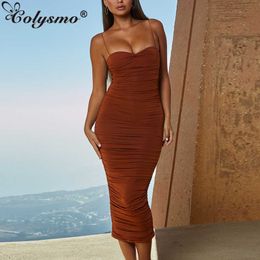 Colysmo Double Layers Summer Dress Women Long Ruched Bodycon es Woman Party Night Ladies Elegant Midi 210527