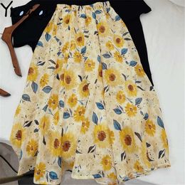 Vintage Casual Sunflower Floral Print Summer Long Skirt Women Elastic High Waist Midi A-Line Skirt Elegant Female Skirts 210619