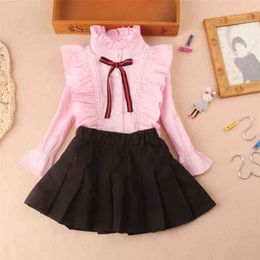 Fashion Autumn Pink Shirts for Teenage Girls Cotton Children Mandarin Collar Blouses Spring Solid White Colour Bottom Tops 210622