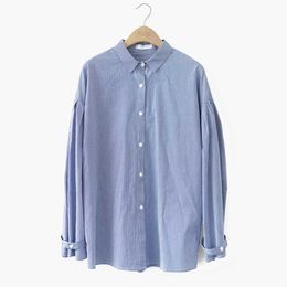 PERHAPS U Puff Sleeve Long Sleeve Turn Down Collar Blue Striped Shirt Women Pleat B0149 210529