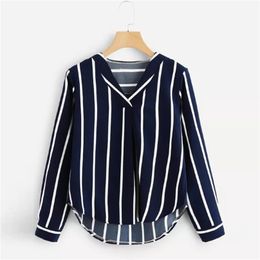Autumn Long Sleeve V Neck Irregular Stripe Shirt Women Casual Tops And Blouses chemise femme camisas mujer women blouses 210719