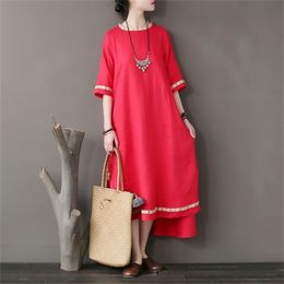 Original national style women's dress stitching embroidery tear edge linen dress loose sleeve high - grade 210309